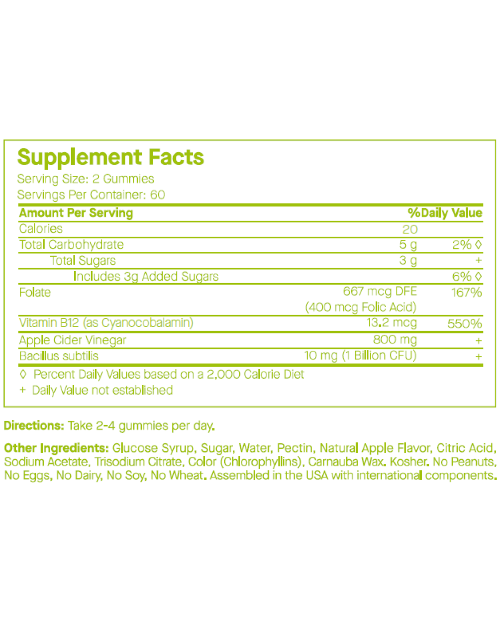 A Supplement Facts label for SpoiledChild J29 apple cider vinegar gummies. It lists a serving size of 2 gummies with 20 calories, 5g of carbohydrates, and 500mg of Apple Cider Vinegar. Other key ingredients include Folate, and Vitamin B12.