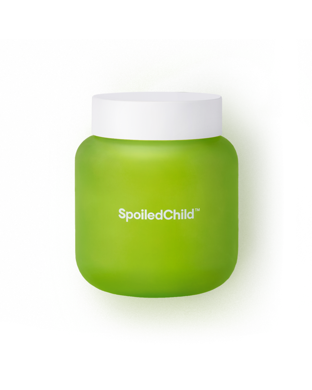 A green, square SpoiledChild J29 jar with a white screw cap, centered against a plain white background.
