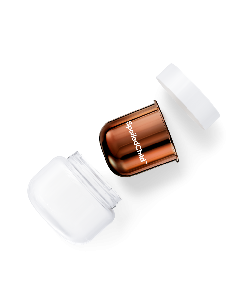 An overhead view of a disassembled SpoiledChild M26 Damage Reverser Hair Mask. A metallic copper refill capsule is shown between a white outer base and a white lid, illustrating the refillable packaging system against a white background.
