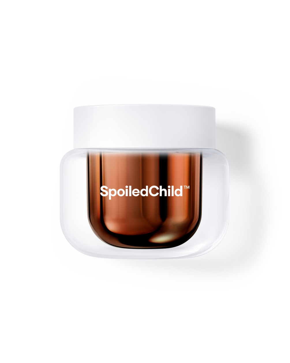 A product shot of a SpoiledChild M26 jar against a clean white background. The jar features a metallic copper-colored inner capsule visible through a clear outer shell, topped with a minimalist white lid.