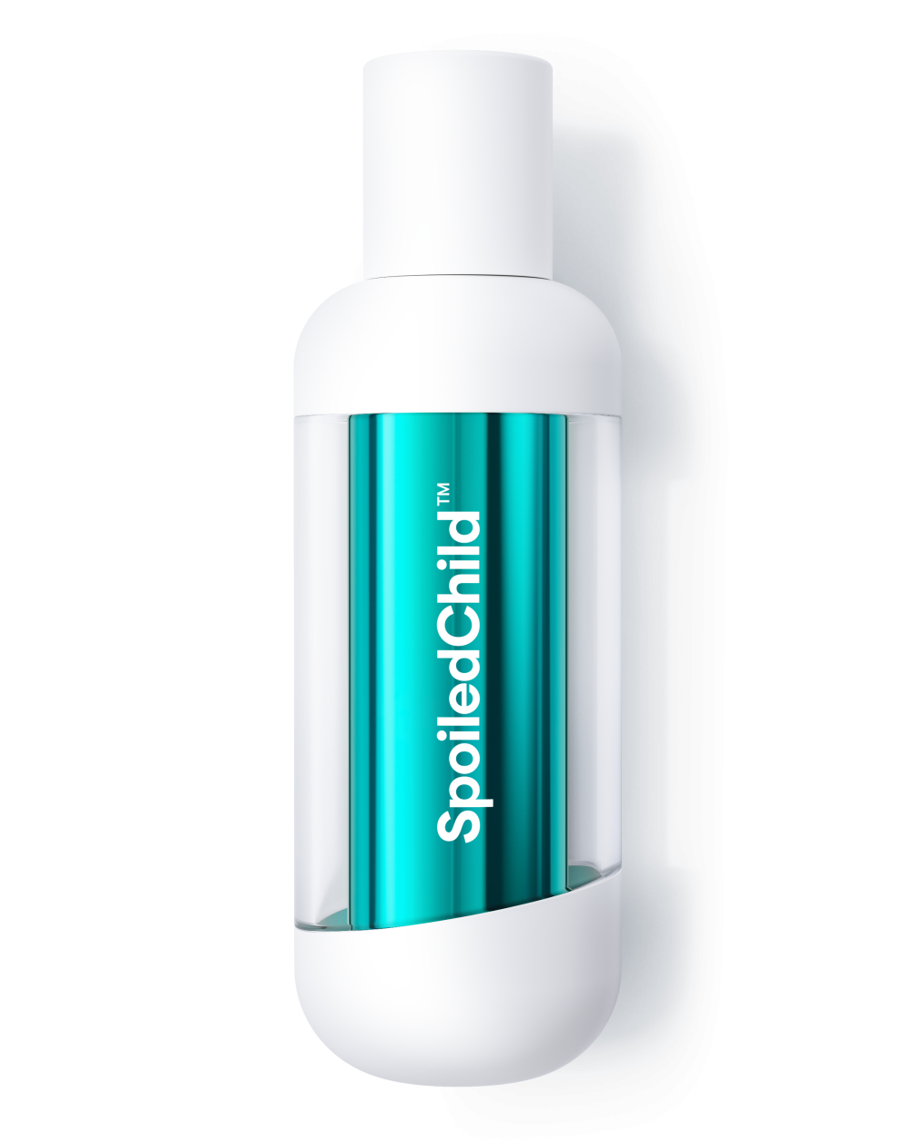 A product icon of a tall, white SpoiledChild S33 bottle with a clear outer body that reveals a sleek, metallic teal-colored capsule-shaped core inside. The design is minimalist and modern, shown against a plain white background.