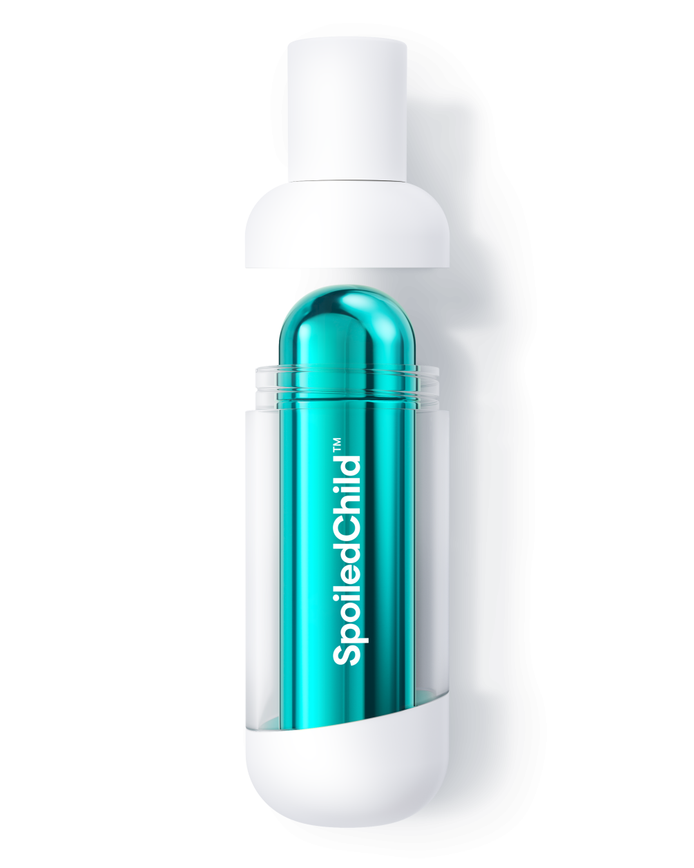 A product icon showing a white SpoiledChild S33 bottle with the cap lifted to demonstrate how a sleek, metallic teal refill capsule fits into the clear outer base. The design is modern and minimalist, set against a plain white background.